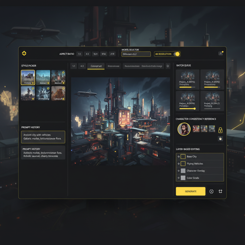 Feature-rich AI image generator dashboard hero showing an advanced AI art tool with style picker, aspect ratio toolbar, batch queue, prompt history, character reference panel, layer editing, 4K toggle, and model selector with yellow accent highlights on a dark professional UI for graphic designers