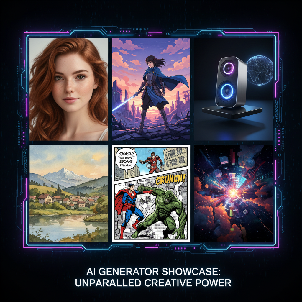 Feature-rich AI image generator output gallery grid showing six dramatically different AI-generated images all from the same advanced AI art tool — photorealistic portrait, anime illustration, 3D product render, watercolor landscape, comic panel with crisp text, and abstract concept art — demonstrating breadth of AI generator features