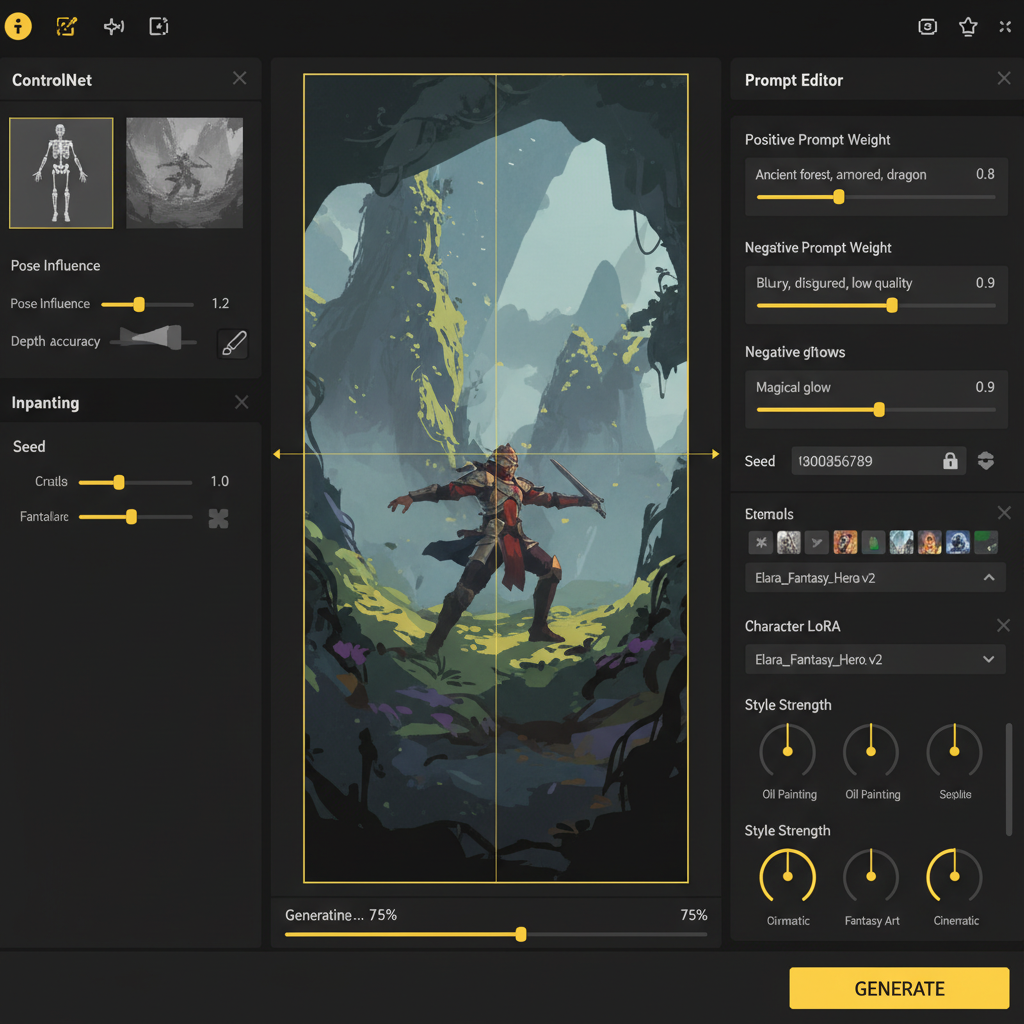 Feature-rich AI image generator advanced controls visualization showing ControlNet pose reference, depth maps, inpainting brush, prompt weight sliders, negative prompts, seed lock, character LoRA selection, and style strength dials in a sleek dark mode AI art tool interface for marketing professionals