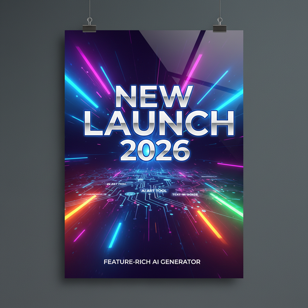 Feature-rich AI image generator output with crisp embedded text rendering — AI-generated marketing poster with the bold headline NEW LAUNCH 2026 in modern sans-serif typography on a vibrant gradient backdrop, showcasing text-in-image as a core AI generator feature
