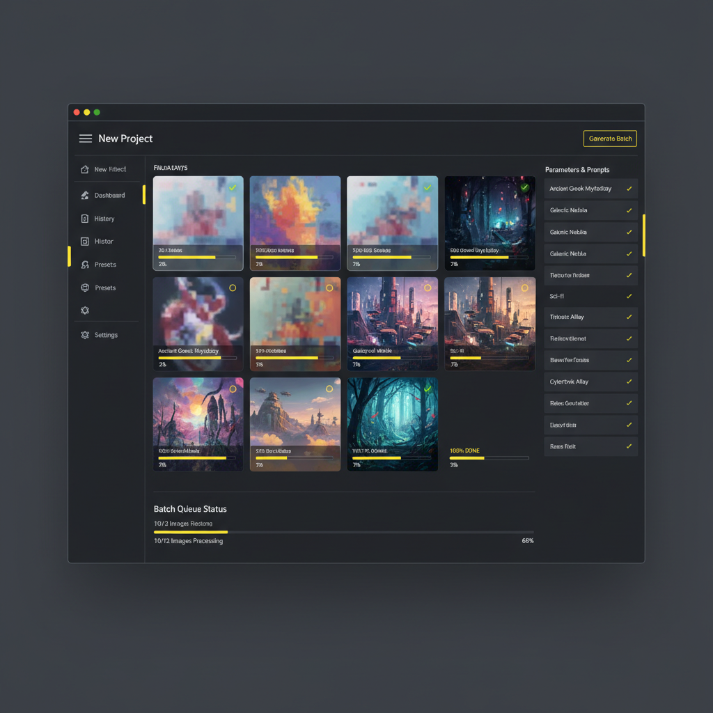 Feature-rich AI image generator batch processing workflow dashboard showing 12 images being generated simultaneously in a queue grid, each with progress bars, demonstrating high-volume batch capability of an advanced AI art tool for marketing campaigns and ecommerce catalogs