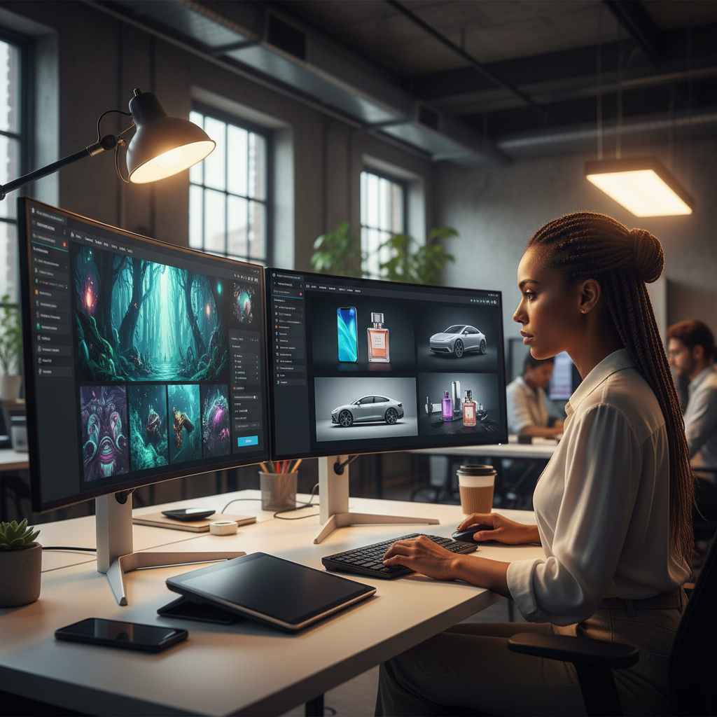 Feature-rich AI image generator in use by a creative professional graphic designer at a clean modern workstation with two large monitors displaying the advanced AI art tool interface, generating concept art and product mockups in warm studio lighting