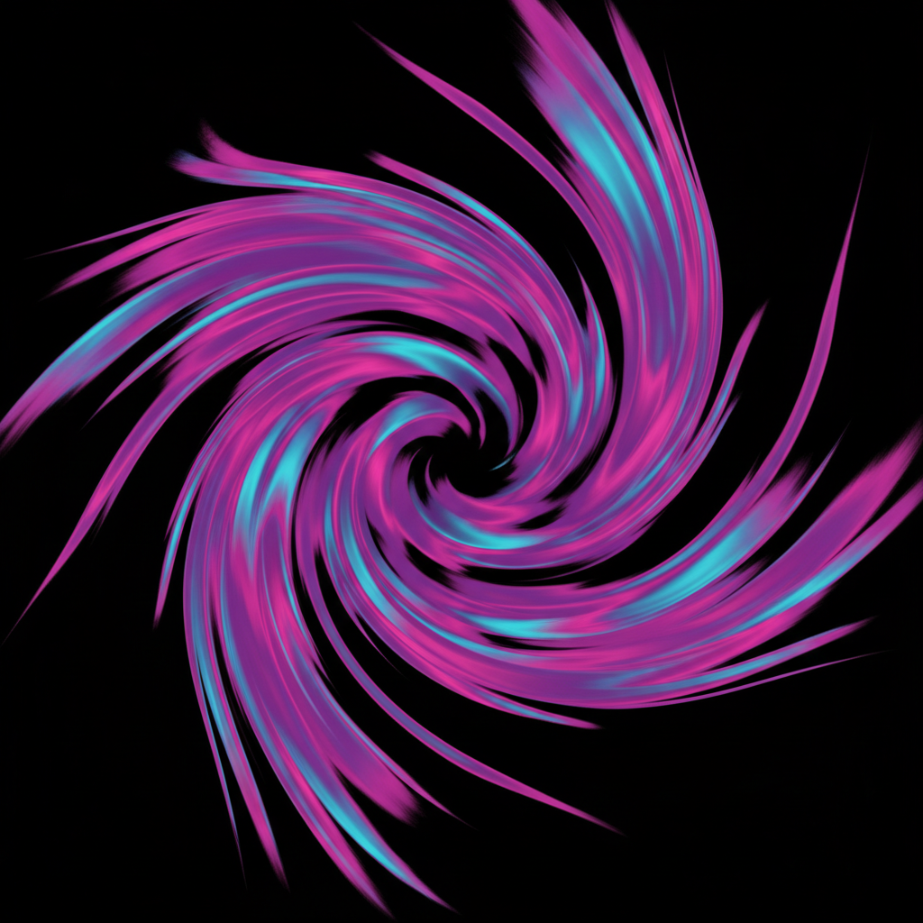 Gemma4 AI art style abstract composition with flowing iridescent magenta, cyan, and electric violet ribbons swirling against a deep midnight black background, generative gradient art