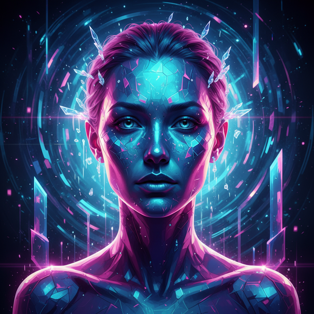 Gemma4 AI art style portrait of an ethereal androgynous figure with glowing geometric facets, prismatic light refractions, holographic skin tones, and cinematic studio lighting