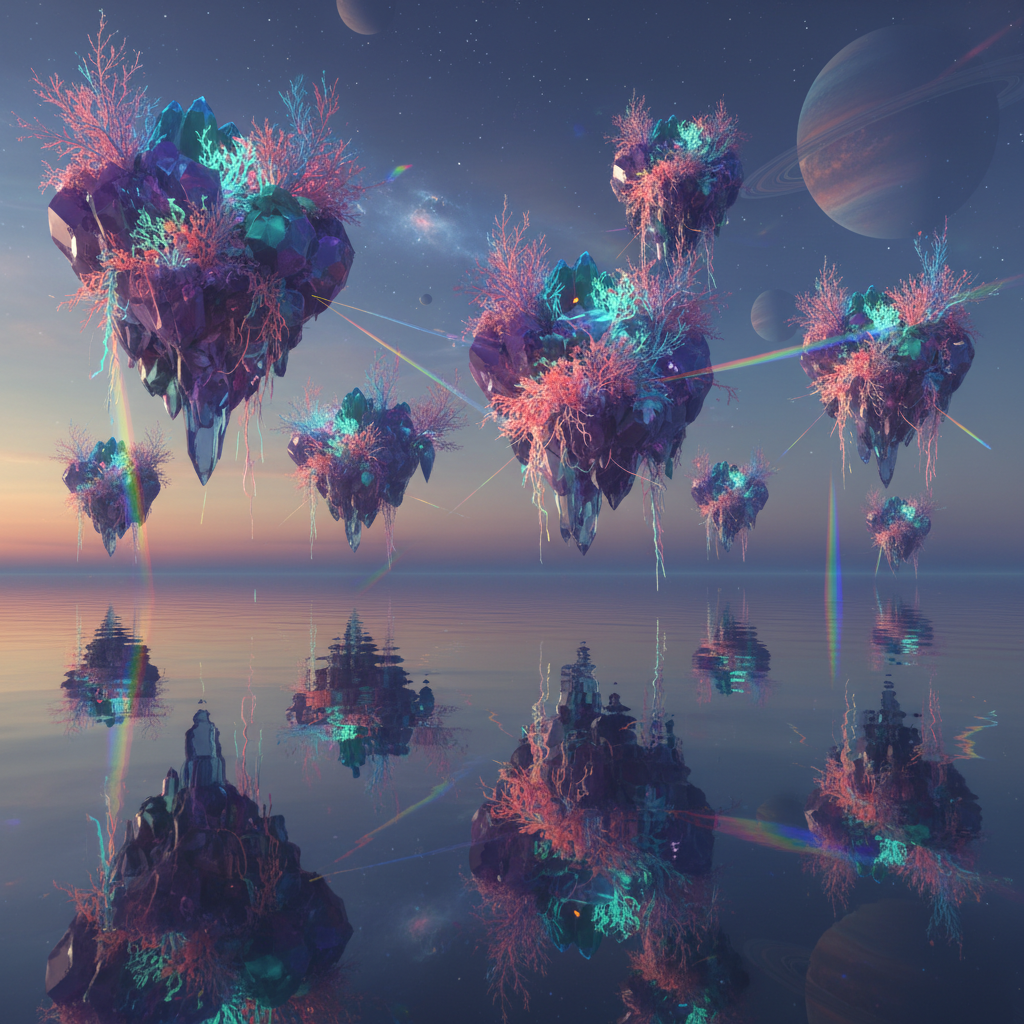 Gemma4 AI art style surreal landscape of floating crystalline islands at twilight with bioluminescent coral pink and neon teal flora reflecting in mirrored water