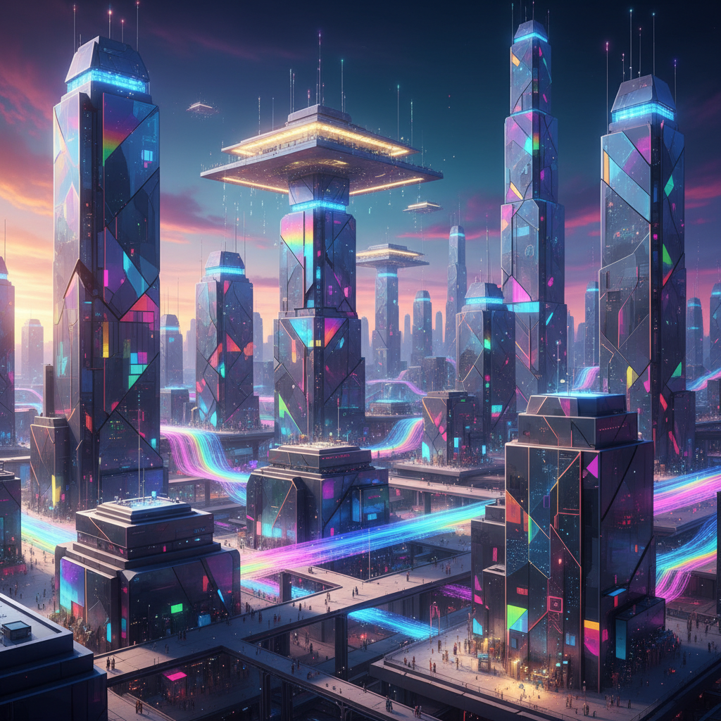 Gemma4 AI art style futuristic cityscape with crystalline glass towers refracting rainbow prism light, hovering glowing platforms, and streams of luminous data