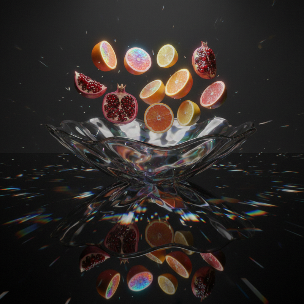 Gemma4 AI art style still life of a translucent liquid-metal fruit bowl with iridescent chrome reflections and holographic floating pomegranates and citrus on polished obsidian