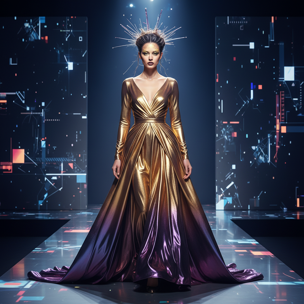 Gemma4 AI art style fashion editorial of a model wearing a fluid chromatic dress shifting from molten gold to deep violet under dramatic runway lighting