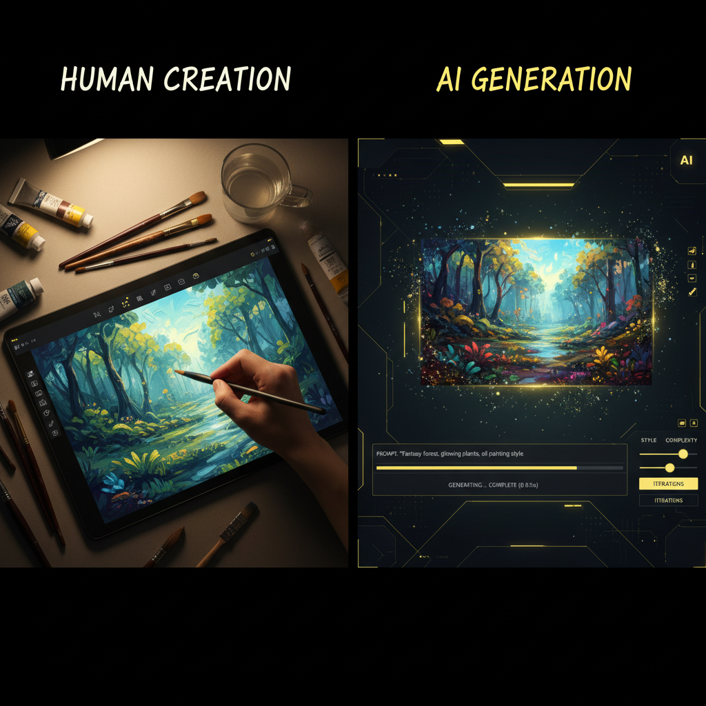 GenAI vs traditional art tools split-screen comparing hand-drawing on a tablet with instant AI art generation