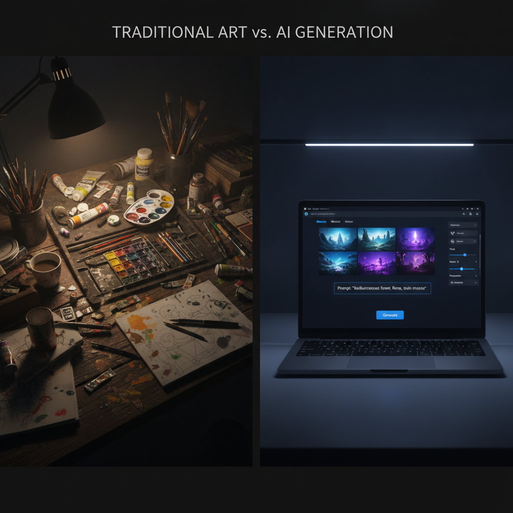 Cluttered traditional art workspace versus a clean AI image generation interface on a laptop, side by side