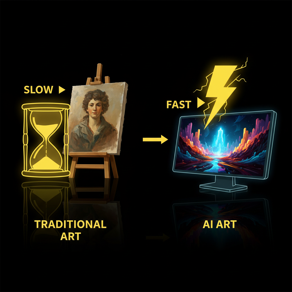 Speed comparison of slow traditional art versus fast AI-generated art with a lightning bolt
