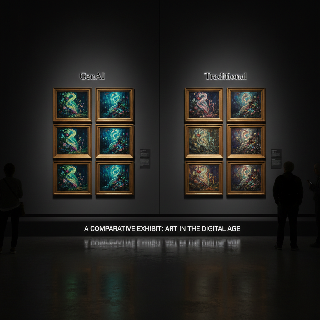 Gallery wall showing the same artwork created with GenAI and with traditional art tools, labeled comparison
