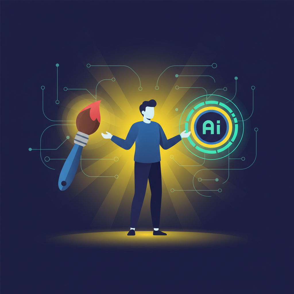 Creative professional choosing between a paintbrush and a glowing AI button, GenAI vs traditional decision