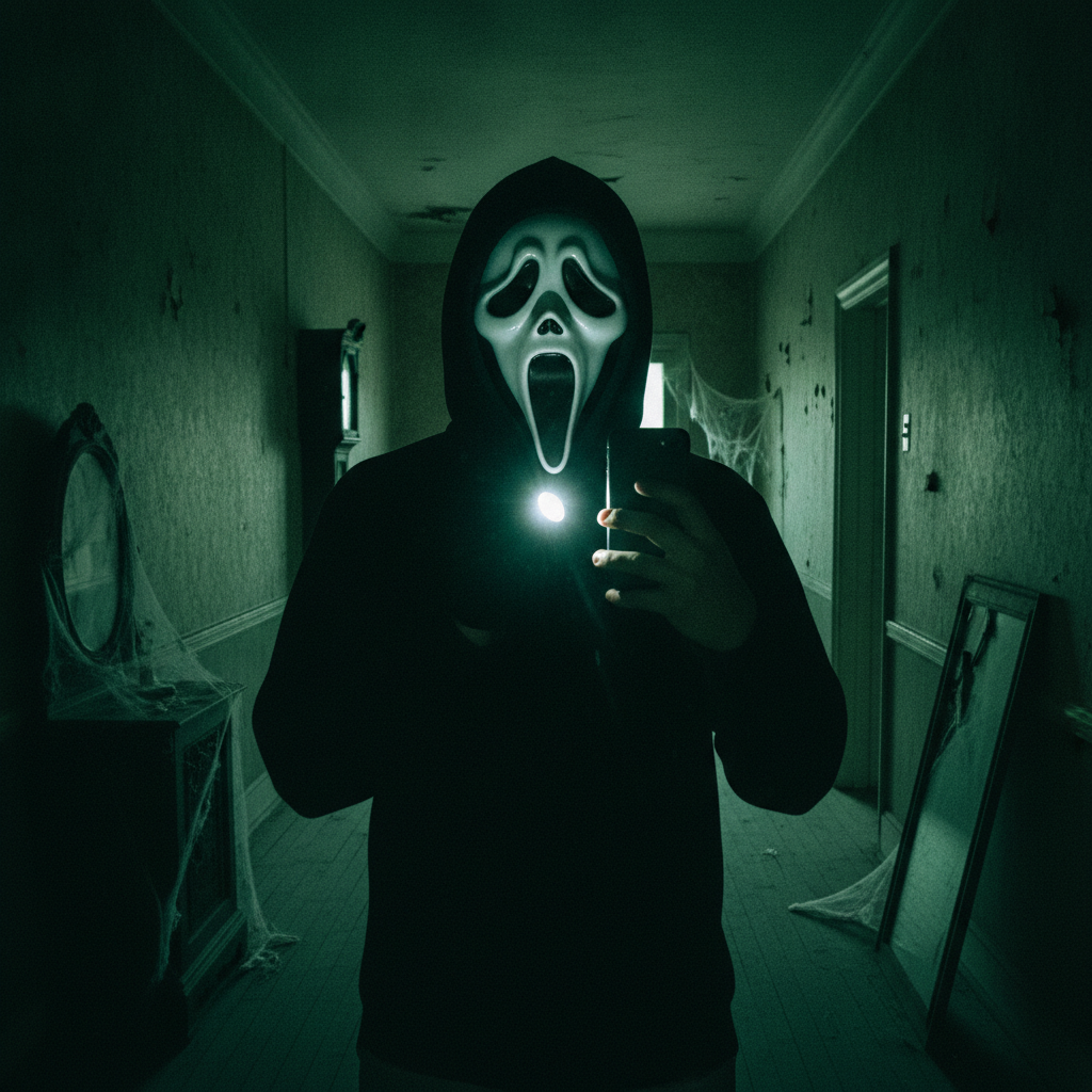 Spooky Ghostface selfie in a white ghost-face mask and black hoodie holding a flashlight under the chin with an eerie green glow in a dim hallway
