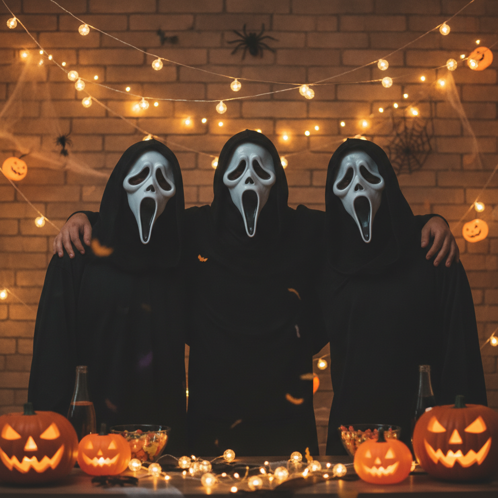 Three friends in matching white ghost-face Halloween masks and black hoods posing together under warm string lights for a party photo