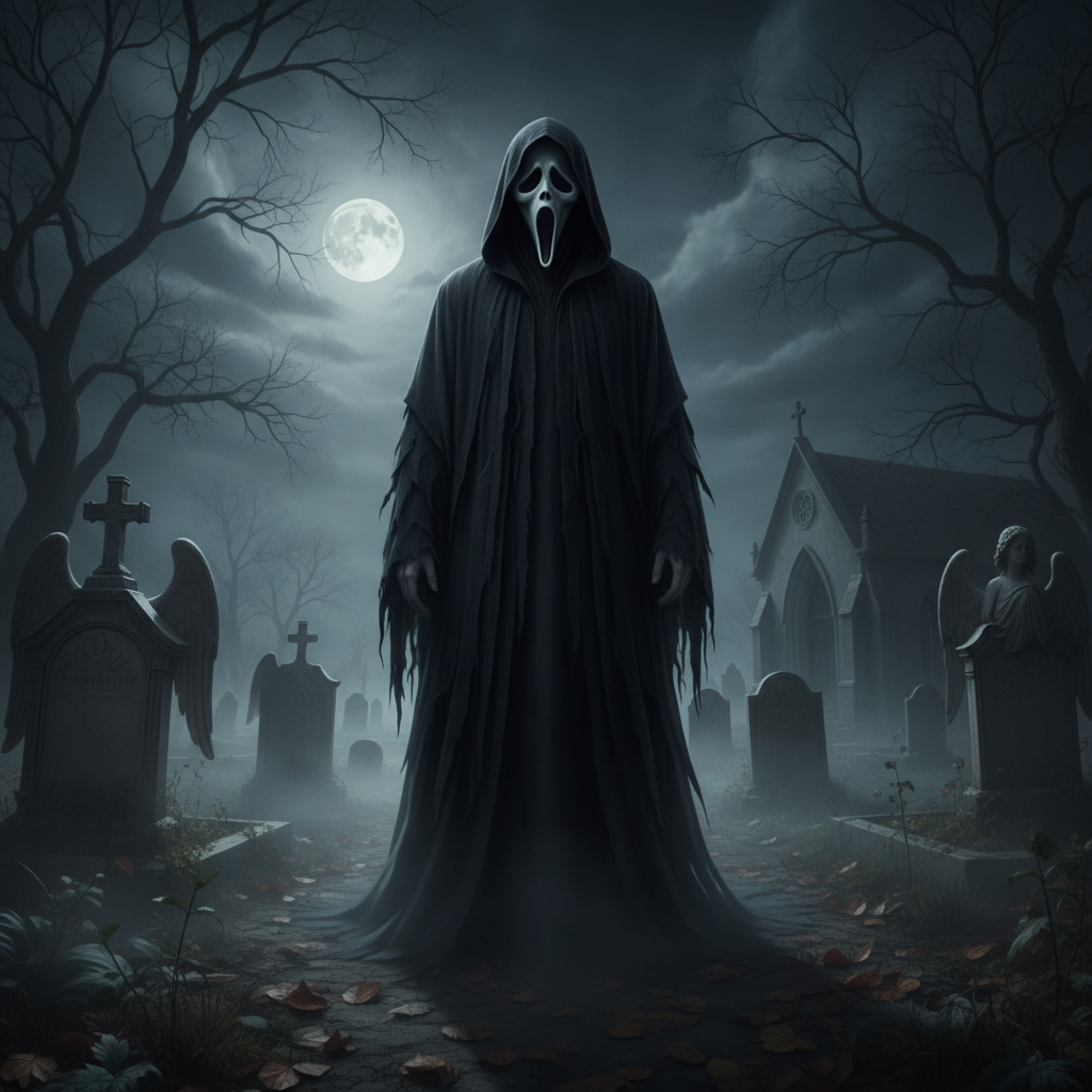 Full-body Ghostface figure in a flowing black hooded robe and pale ghost mask standing in a misty graveyard at night under moonlight