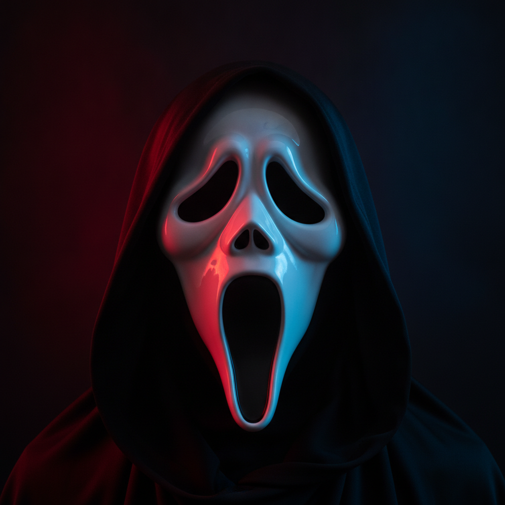 Studio close-up of a glossy white ghost-face Halloween mask and black fabric hood lit with dramatic neon red and blue backlighting