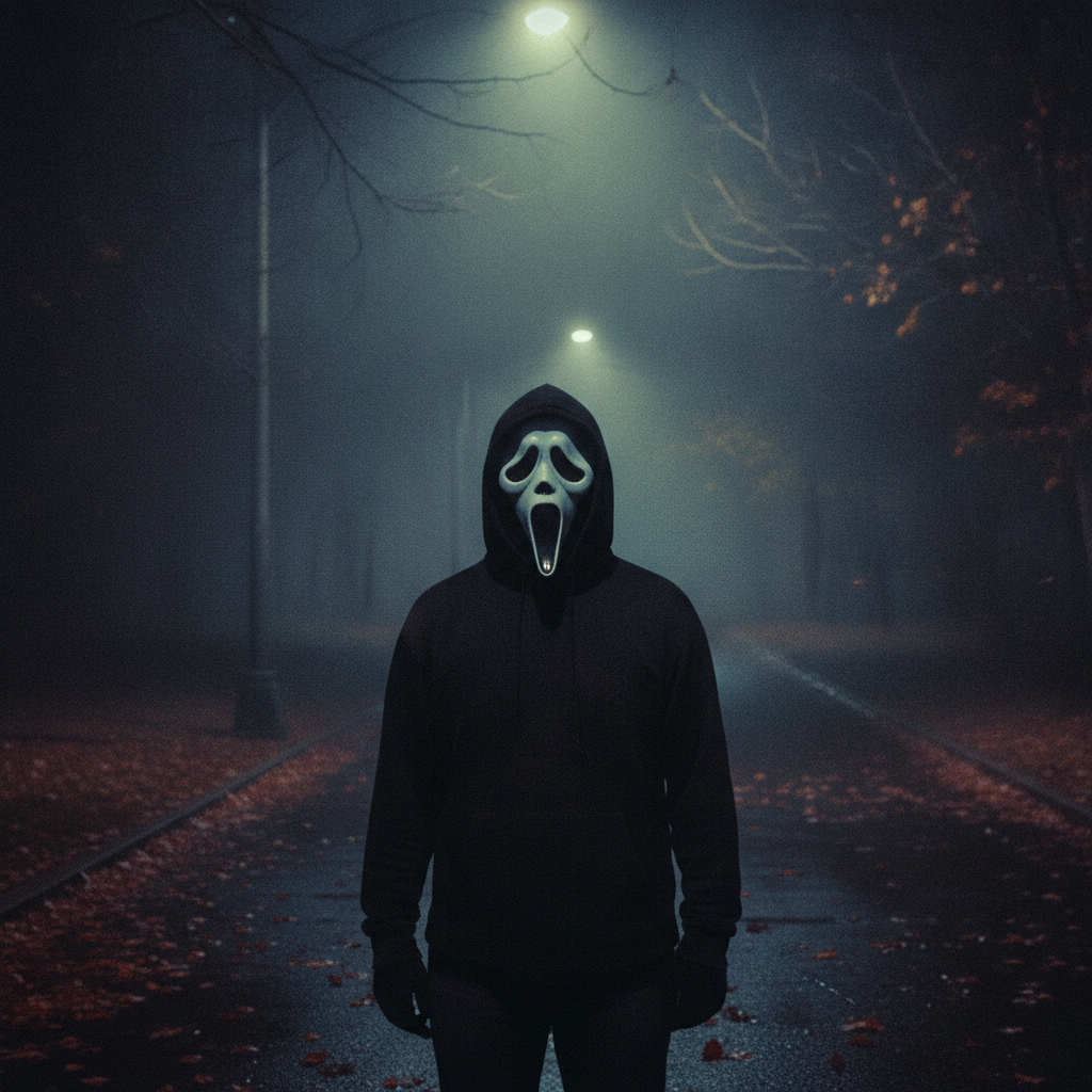 Retro film-grain photo of a person in a ghost-face mask and black hoodie under a flickering streetlight on a foggy autumn night in a 1990s slasher style