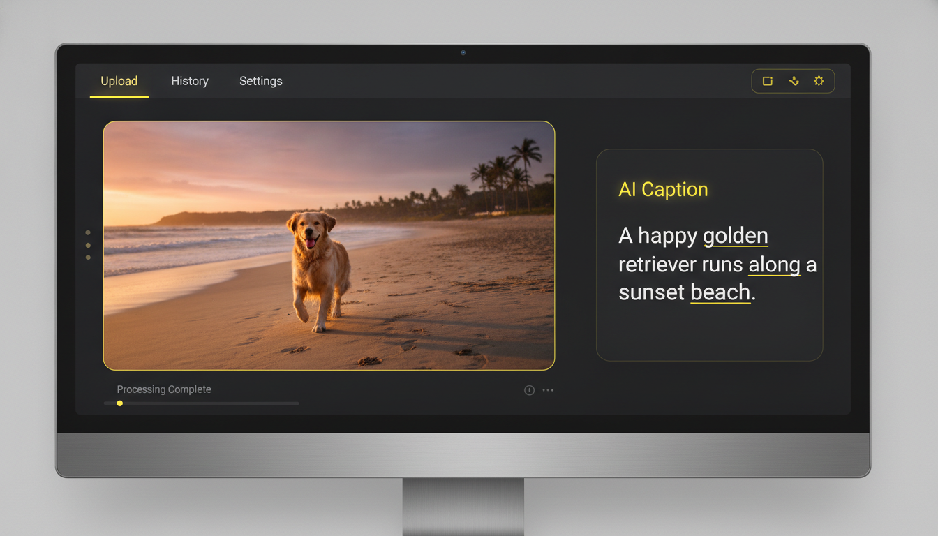GPT-5 image captioning tool dashboard generating an accurate descriptive caption for an uploaded golden retriever beach photo, dark UI yellow accents