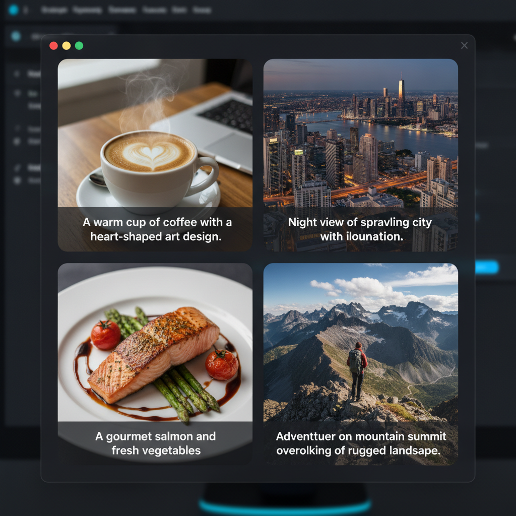 A grid of social media photos each with an AI-generated caption overlay produced by GPT-5 image captioning — coffee cup, city skyline, food plate, mountain hike, crisp text