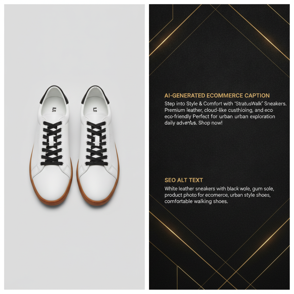 Before-and-after card showing a plain sneaker product photo and the same photo with an AI-generated ecommerce caption and SEO alt text from GPT-5 image captioning