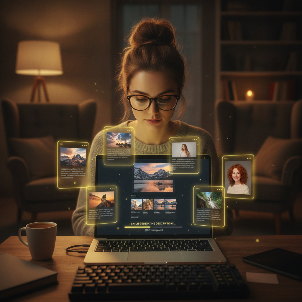 A blogger batch captioning multiple images at once with GPT-5 image captioning, floating UI cards showing AI photo descriptions, dark theme yellow glow