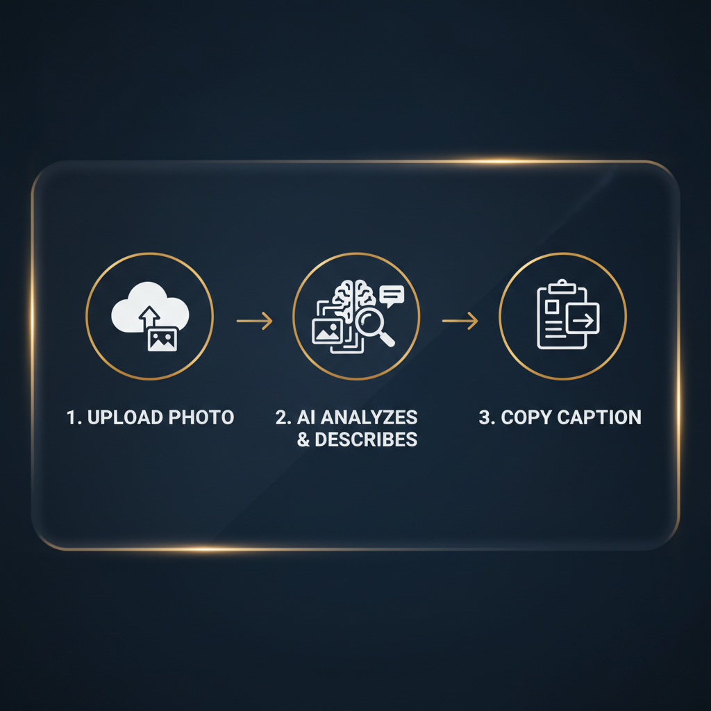 Three-step GPT-5 image captioning workflow infographic — upload photo, AI analyzes and describes, copy caption — numbered flat icons, dark UI gold accents