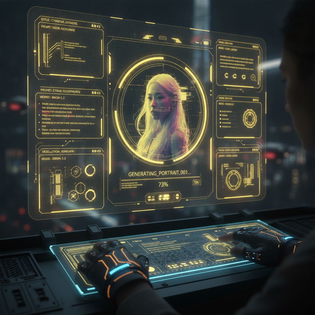 GPT-5 image generation interface rendering a photorealistic AI portrait in 4K on a dark neon dashboard