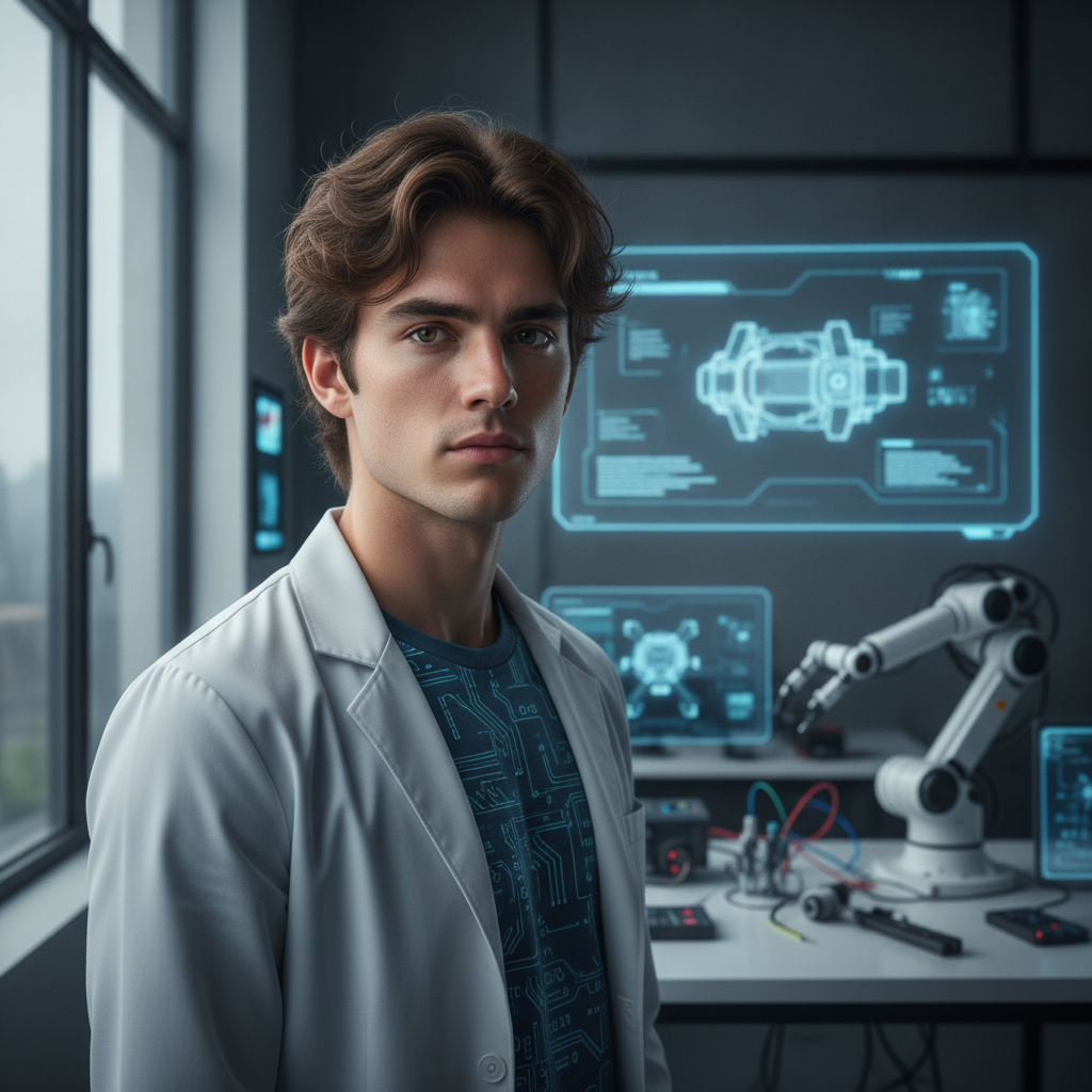 Hyper-detailed photorealistic portrait of a young inventor, showcasing advanced GPT-5 image generation quality