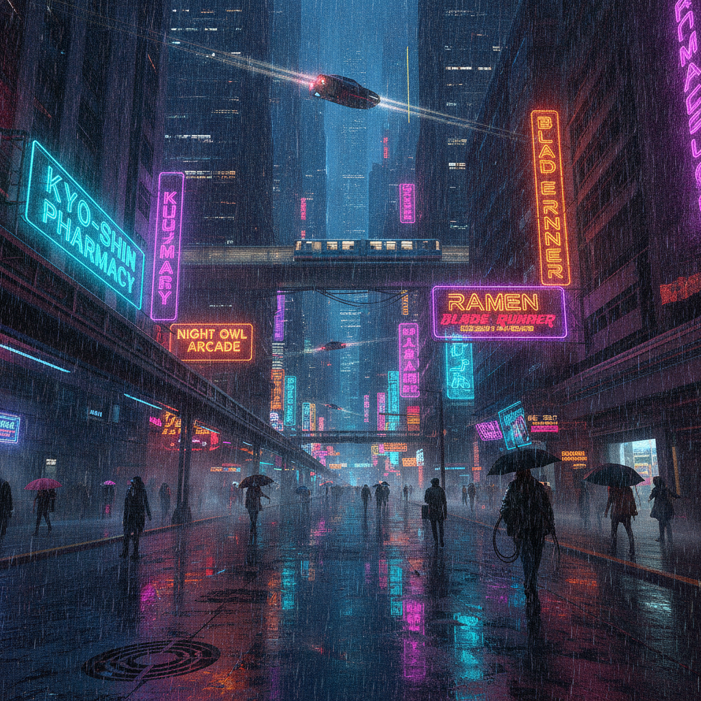 Vibrant cyberpunk city street with perfectly readable neon text, an example of GPT-5 image generation text rendering