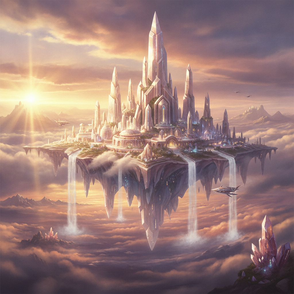 Imaginative fantasy concept art of a floating crystal city, demonstrating the creativity of a GPT-5 art generator