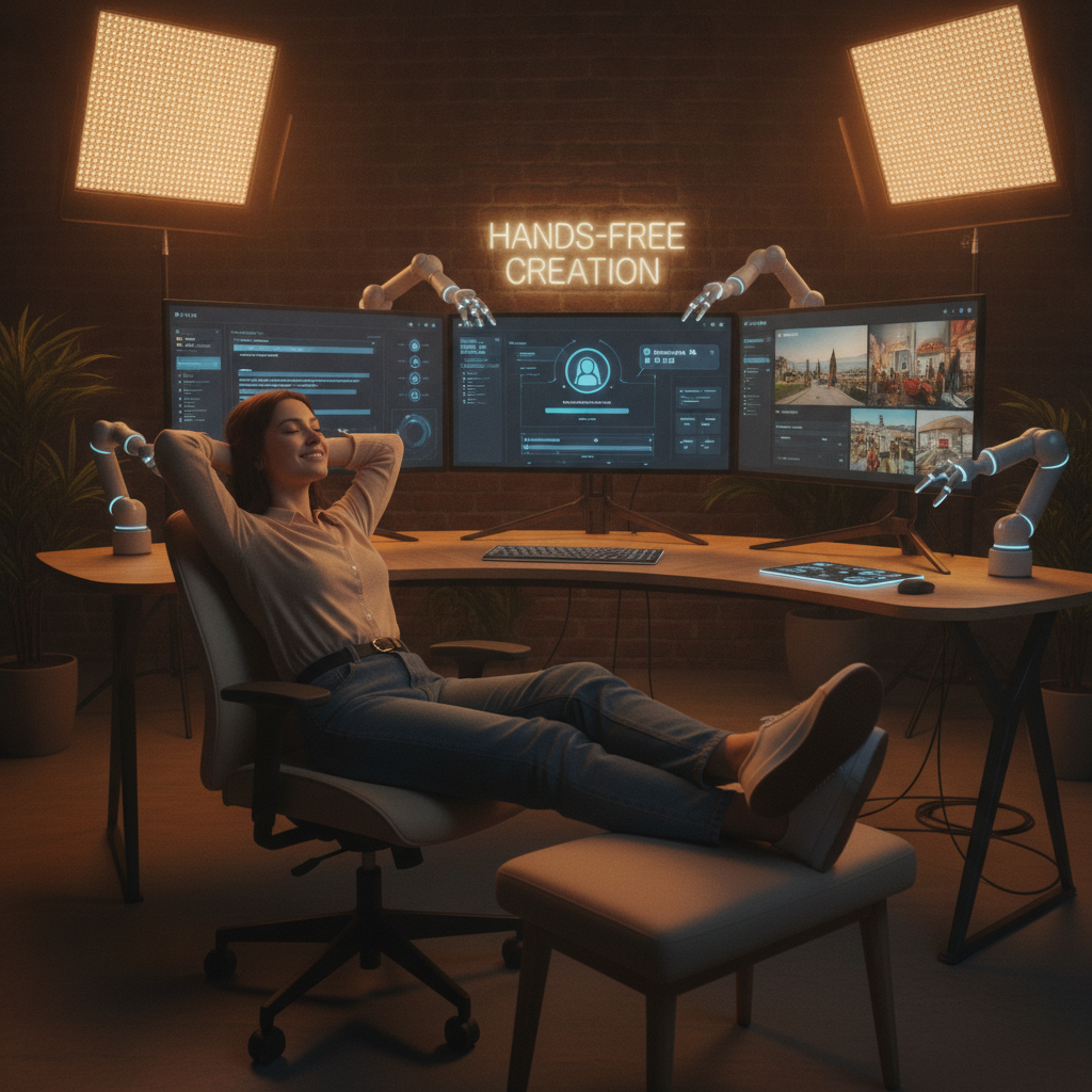 A relaxed creator letting the hands-free AI video generator produce content automatically across multiple screens