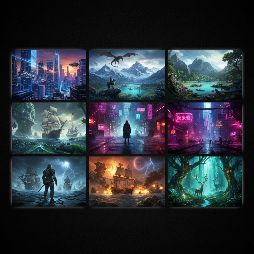 Grid of cinematic AI-generated video thumbnails created automatically with the hands-free AI video generator