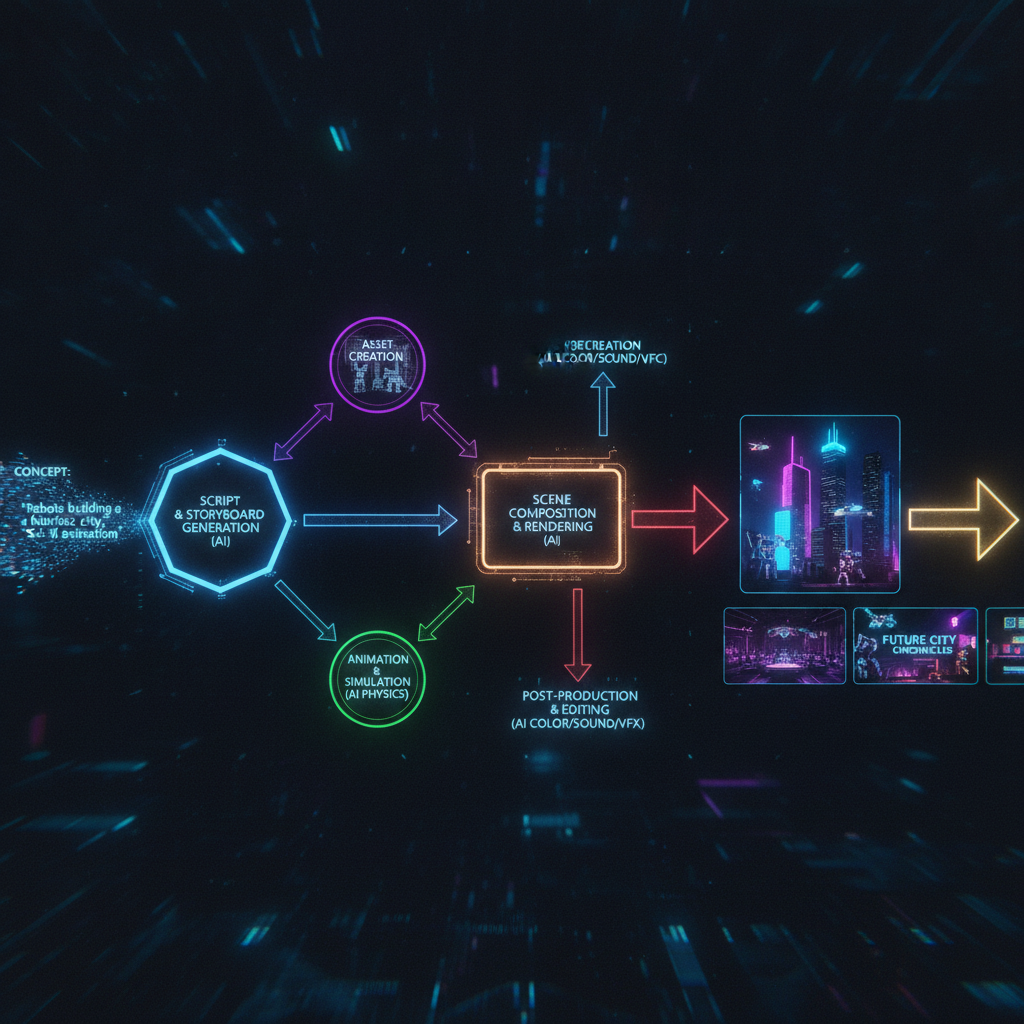 Automated AI video production pipeline turning a text prompt into finished video frames hands-free