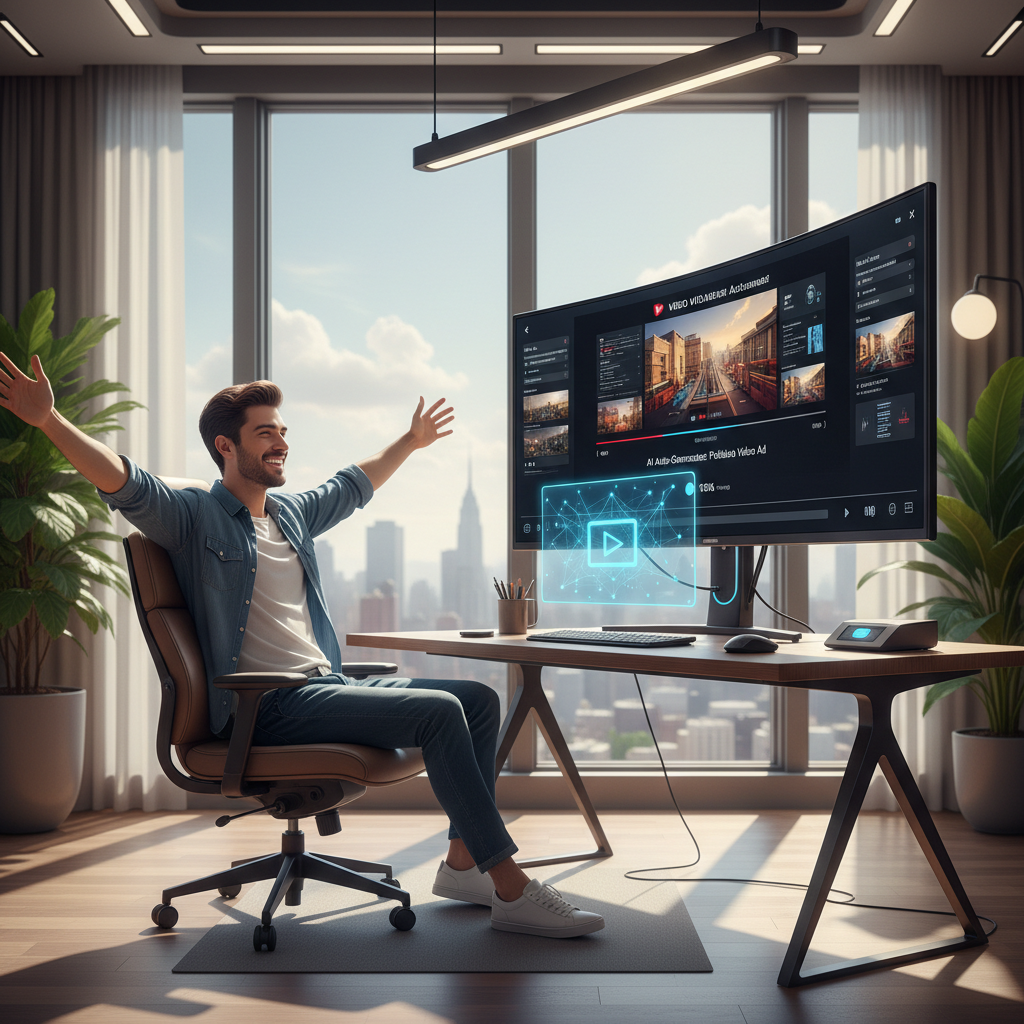 Marketer celebrating effortless hands-free content creation as AI auto-generates a polished video ad