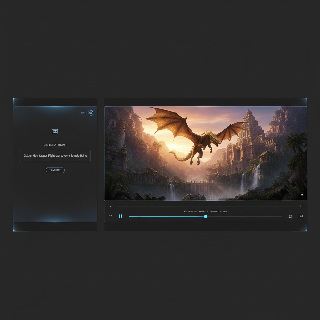 Split screen showing a text prompt and a fully automated AI-generated cinematic video scene