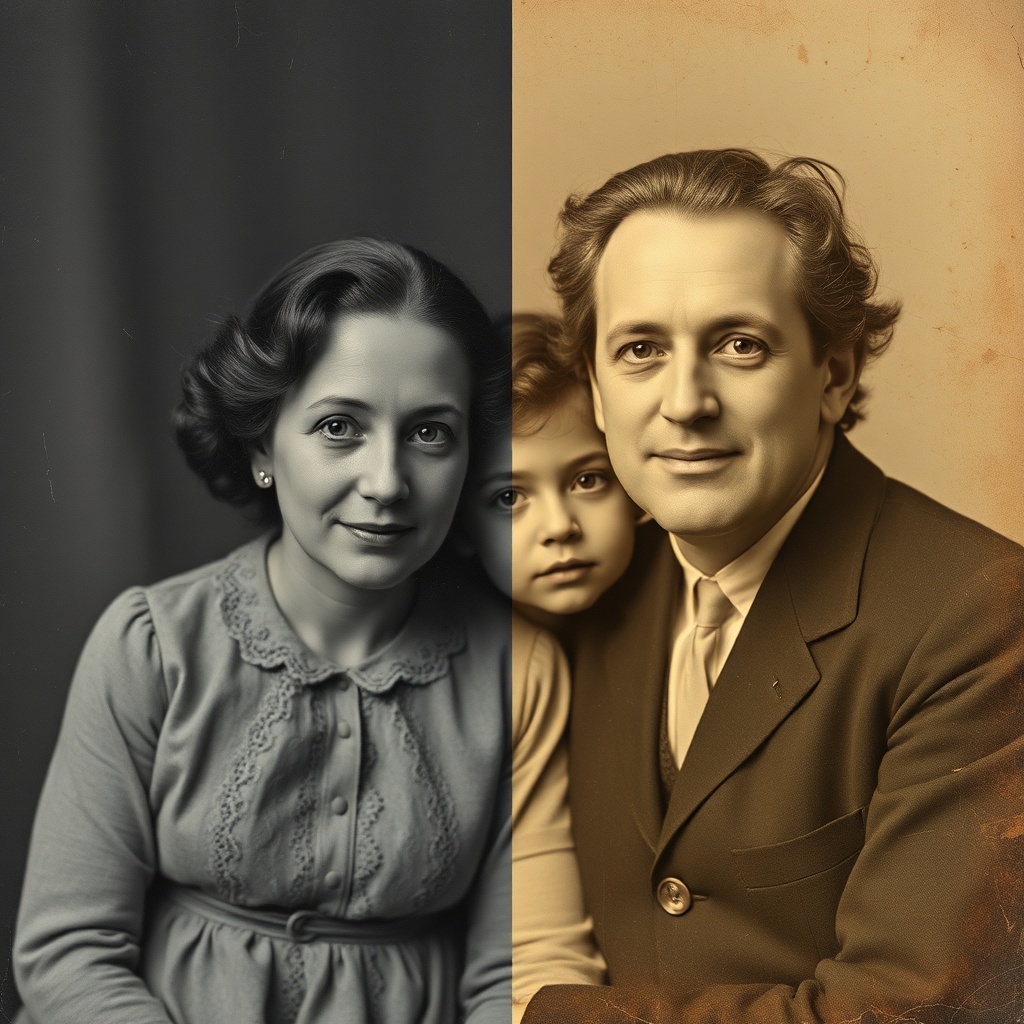 Old damaged photo restored and enhanced with AI — sharp details and removed scratches