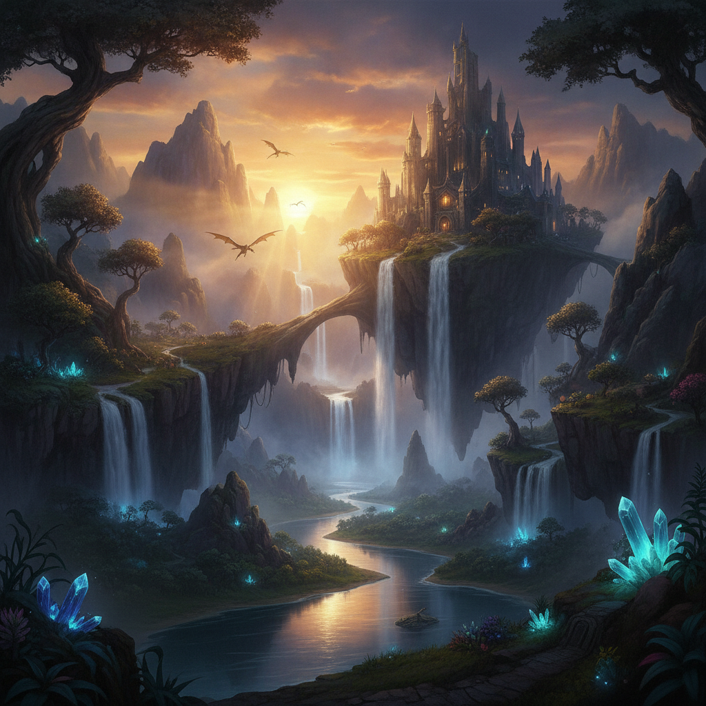 In-browser AI image generator result showing a fantasy mountain landscape at golden hour created online