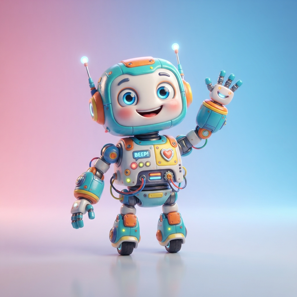 Web-based AI image tool output of a cute 3D cartoon robot character with soft studio lighting
