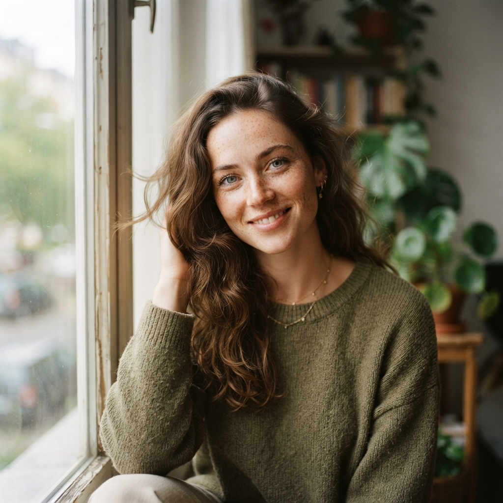 Online AI image generator producing a photorealistic editorial portrait with natural window light