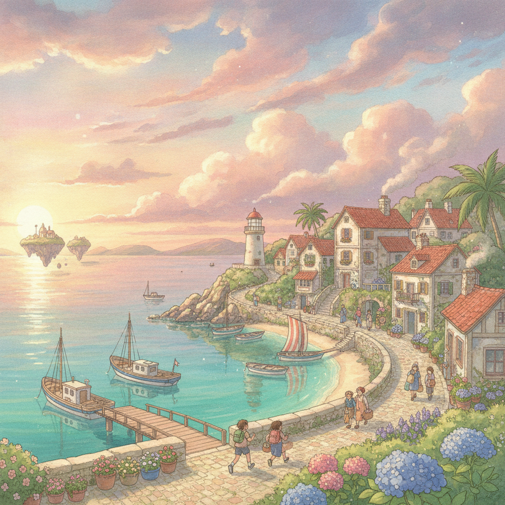 No-download AI image tool creating a Studio Ghibli style seaside town scene at sunset