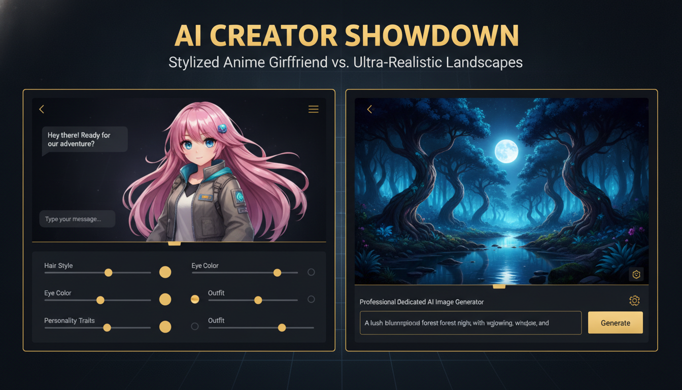 Kalon vs BananaNano2 split-screen hero — left side a character-and-companion AI image app with an avatar creator and chat UI, right side a dedicated 4K AI art generator rendering a photorealistic scene from a text prompt, dark theme yellow accents
