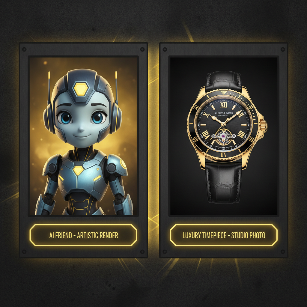 Kalon vs BananaNano2 image quality comparison — left panel a stylized AI companion character portrait, right panel a crisp 4K photorealistic studio product photo of a wristwatch with a readable text label, gallery framing dark theme