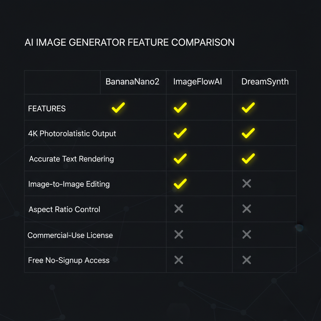 Kalon vs BananaNano2 feature comparison infographic — dark UI table listing 4K photoreal output, accurate text rendering, image-to-image editing, aspect ratio control, and free no-signup access with yellow checkmarks on the BananaNano2 column