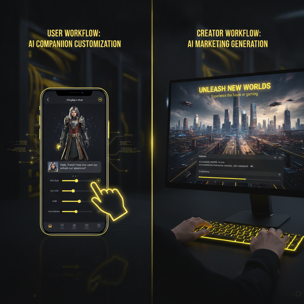 Kalon vs BananaNano2 workflow comparison — left side a user customizing an AI companion avatar in a roleplay app, right side a creator typing a single prompt into a professional AI art generator producing a photorealistic 4K marketing banner