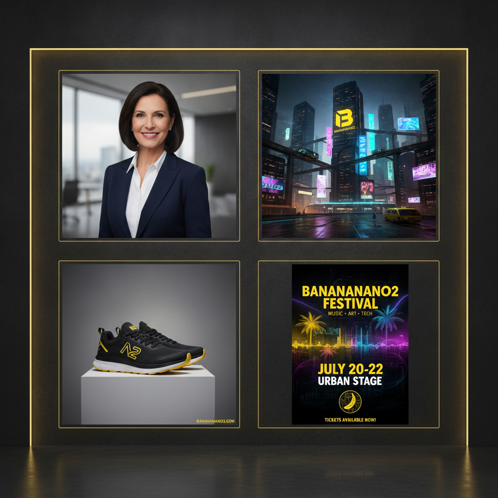 Kalon vs BananaNano2 use-case showcase — a grid of BananaNano2 generated 4K art including a photoreal business portrait, a cyberpunk city, an ecommerce product shot, and a poster with readable text