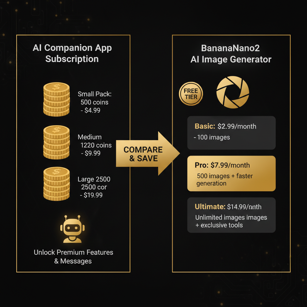Kalon vs BananaNano2 pricing comparison infographic — an AI companion app subscription with coin packs on the left, BananaNano2 AI art generator plans from 2.99 dollars per month with a free tier badge on the right, gold and dark theme