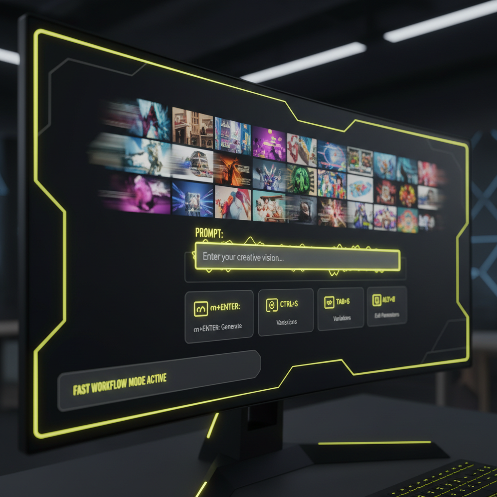 Keyboard-driven AI image tool interface on a dark UI with shortcut hints and a glowing prompt bar
