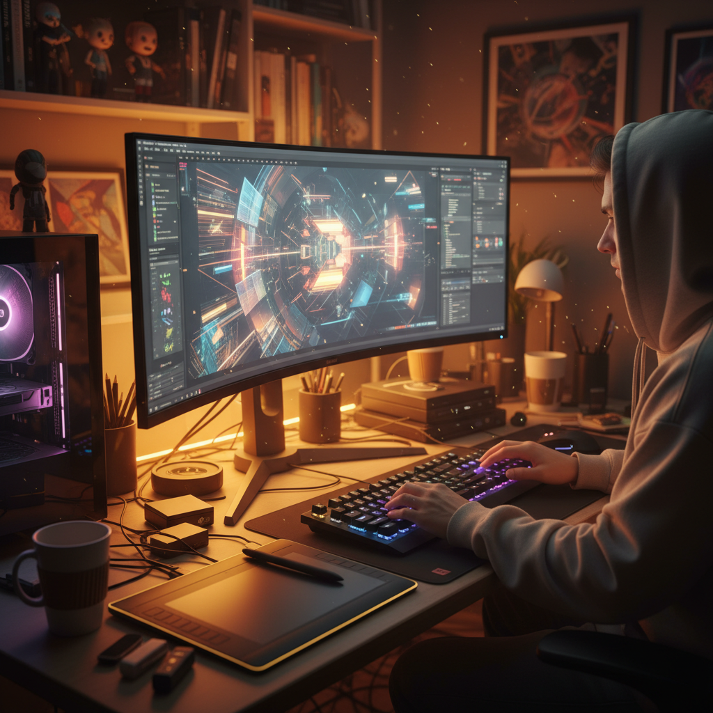 A digital artist rapidly generating AI artwork at a mechanical keyboard, conveying a fast keyboard-driven workflow