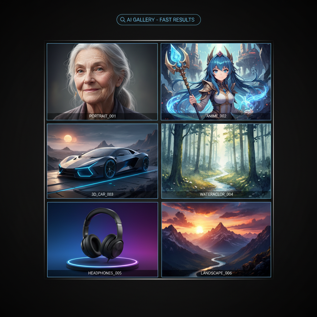 Grid of diverse AI-generated images in different styles created quickly with the keyboard-driven AI image tool